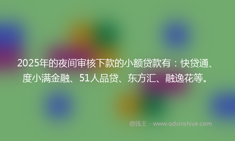 2025年的夜间审核下款的小额贷款有：快贷通、度小满金融、51人品贷、东方汇、融逸花等。
