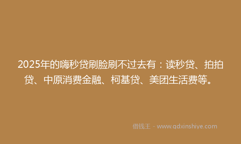 2025年的嗨秒贷刷脸刷不过去有：读秒贷、拍拍贷、中原消费金融、柯基贷、美团生活费等。