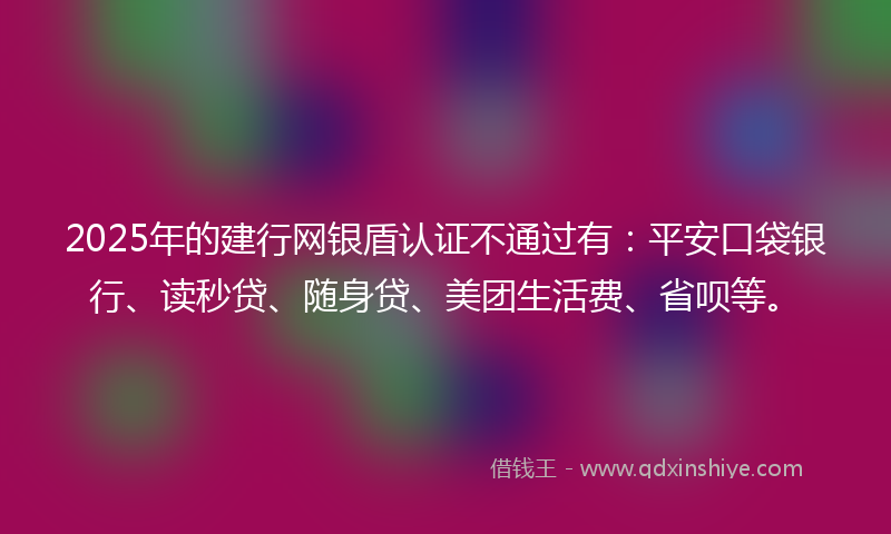 2025年的建行网银盾认证不通过有：平安口袋银行、读秒贷、随身贷、美团生活费、省呗等。