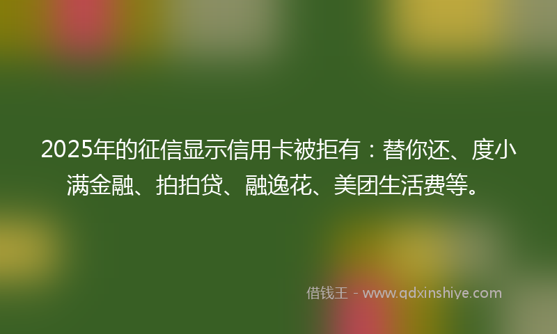 2025年的征信显示信用卡被拒有：替你还、度小满金融、拍拍贷、融逸花、美团生活费等。
