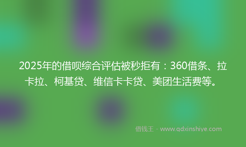 2025年的借呗综合评估被秒拒有：360借条、拉卡拉、柯基贷、维信卡卡贷、美团生活费等。