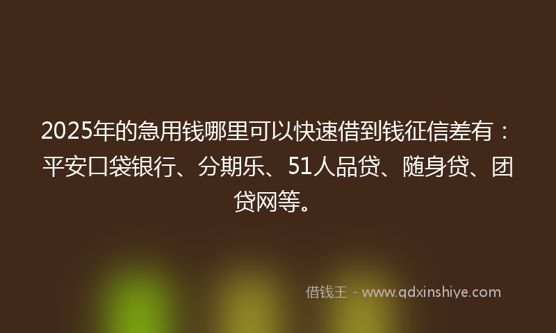 2025年的急用钱哪里可以快速借到钱征信差有：平安口袋银行、分期乐、51人品贷、随身贷、团贷网等。