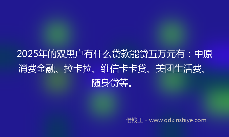 2025年的双黑户有什么贷款能贷五万元有：中原消费金融、拉卡拉、维信卡卡贷、美团生活费、随身贷等。