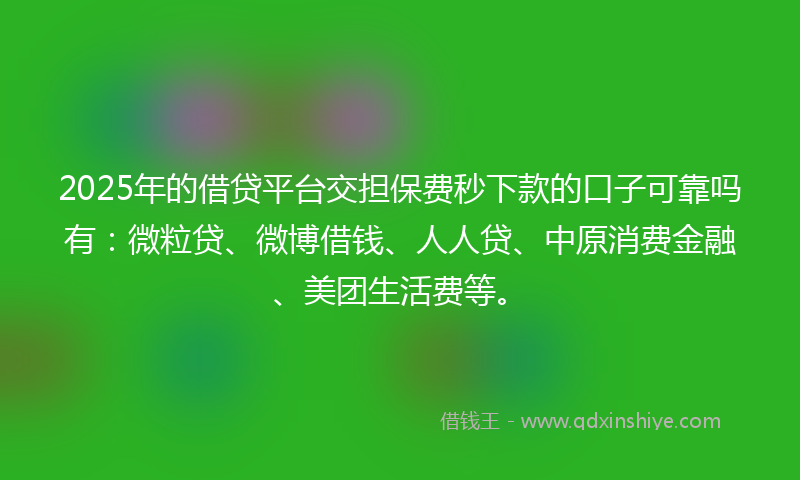 2025年的借贷平台交担保费秒下款的口子可靠吗有：微粒贷、微博借钱、人人贷、中原消费金融、美团生活费等。