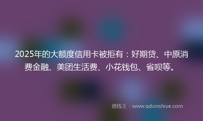 2025年的大额度信用卡被拒有：好期贷、中原消费金融、美团生活费、小花钱包、省呗等。