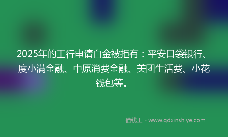 2025年的工行申请白金被拒有：平安口袋银行、度小满金融、中原消费金融、美团生活费、小花钱包等。
