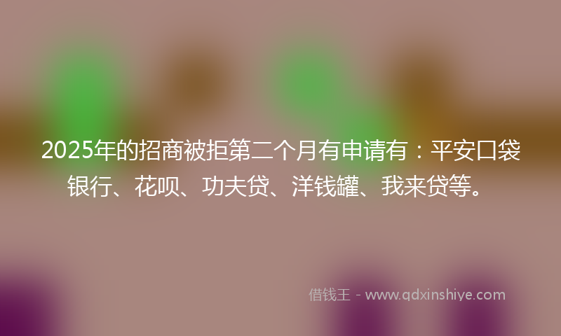 2025年的招商被拒第二个月有申请有：平安口袋银行、花呗、功夫贷、洋钱罐、我来贷等。
