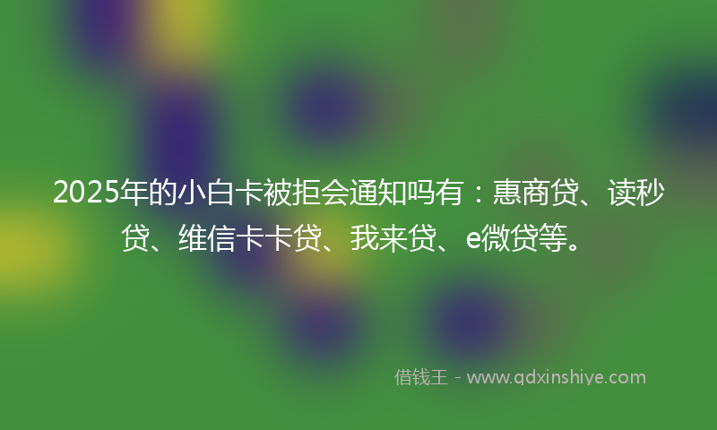 2025年的小白卡被拒会通知吗有：惠商贷、读秒贷、维信卡卡贷、我来贷、e微贷等。