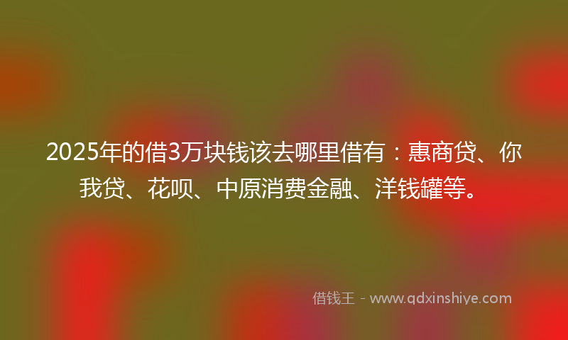 2025年的借3万块钱该去哪里借有：惠商贷、你我贷、花呗、中原消费金融、洋钱罐等。