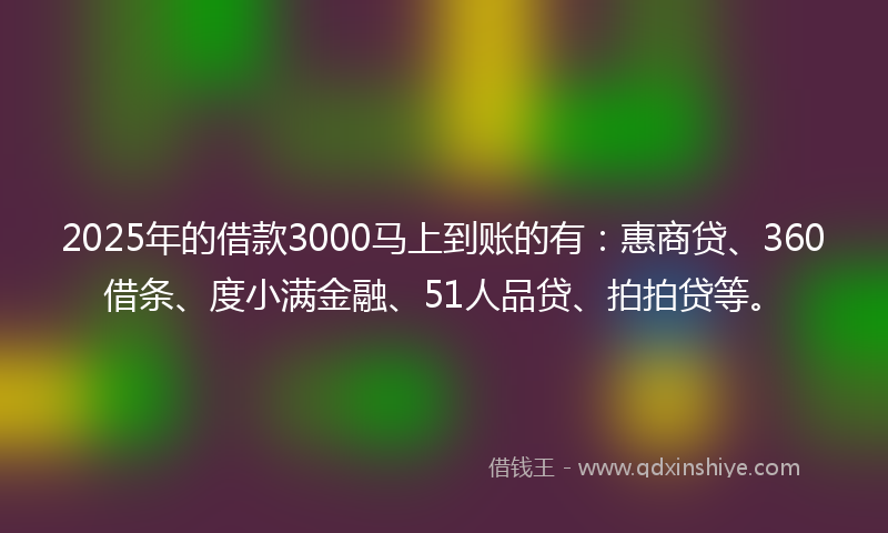 2025年的借款3000马上到账的有：惠商贷、360借条、度小满金融、51人品贷、拍拍贷等。