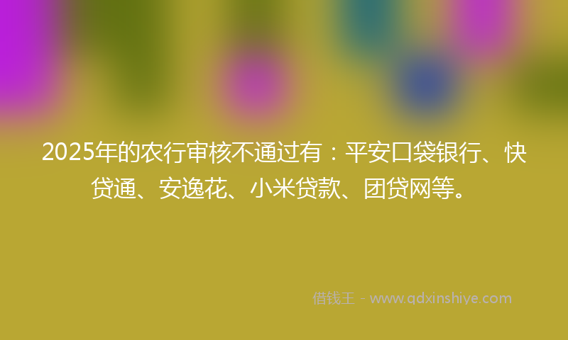 2025年的农行审核不通过有：平安口袋银行、快贷通、安逸花、小米贷款、团贷网等。
