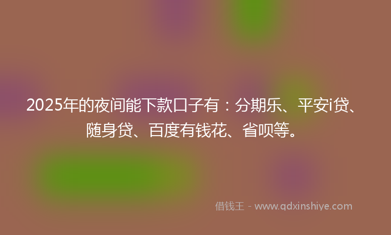 2025年的夜间能下款口子有：分期乐、平安i贷、随身贷、百度有钱花、省呗等。