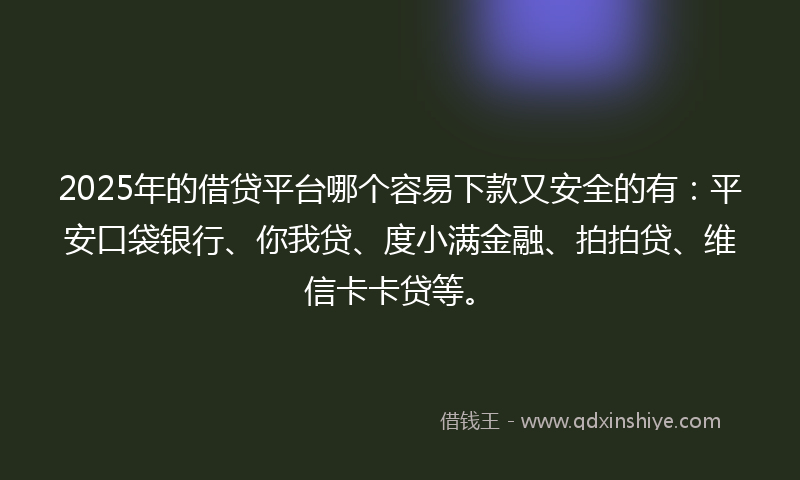 2025年的借贷平台哪个容易下款又安全的有：平安口袋银行、你我贷、度小满金融、拍拍贷、维信卡卡贷等。