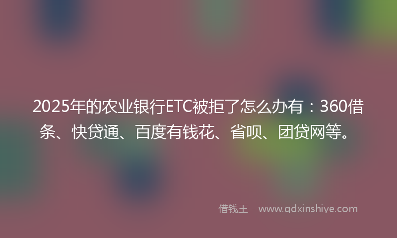 2025年的农业银行ETC被拒了怎么办有：360借条、快贷通、百度有钱花、省呗、团贷网等。