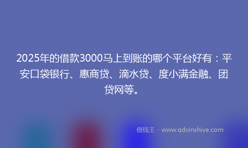 2025年的借款3000马上到账的哪个平台好有：平安口袋银行、惠商贷、滴水贷、度小满金融、团贷网等。