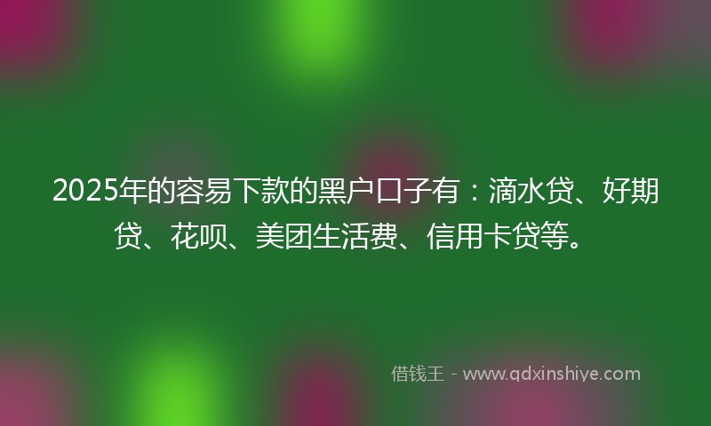 2025年的容易下款的黑户口子有：滴水贷、好期贷、花呗、美团生活费、信用卡贷等。