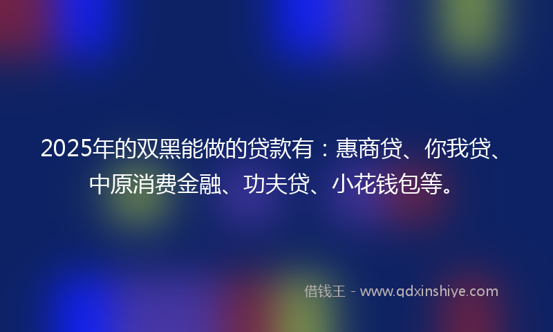 2025年的双黑能做的贷款有：惠商贷、你我贷、中原消费金融、功夫贷、小花钱包等。