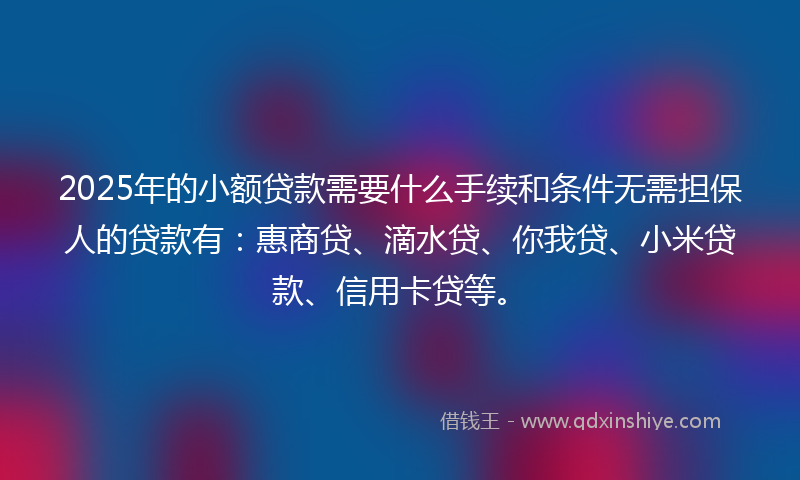 2025年的小额贷款需要什么手续和条件无需担保人的贷款有：惠商贷、滴水贷、你我贷、小米贷款、信用卡贷等。