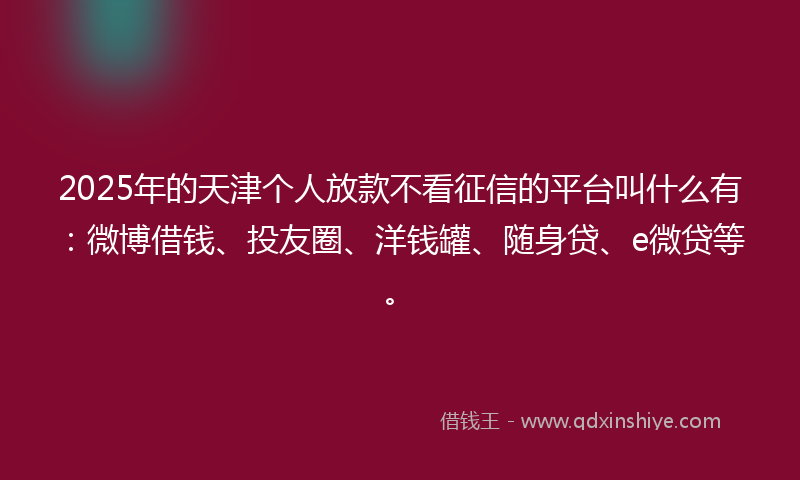 2025年的天津个人放款不看征信的平台叫什么有：微博借钱、投友圈、洋钱罐、随身贷、e微贷等。