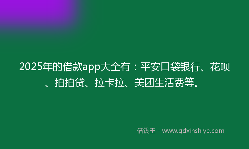 2025年的借款app大全有：平安口袋银行、花呗、拍拍贷、拉卡拉、美团生活费等。