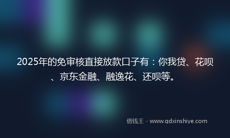 2025年的免审核直接放款口子有：你我贷、花呗、京东金融、融逸花、还呗等。
