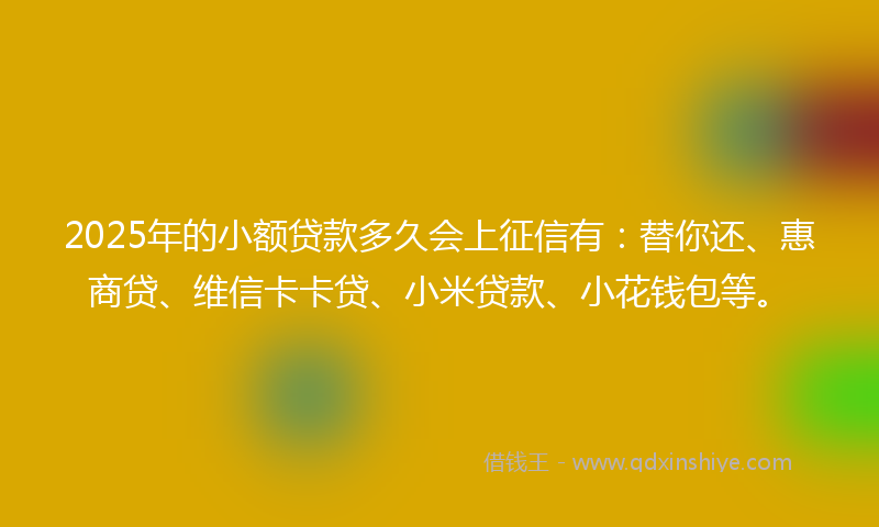 2025年的小额贷款多久会上征信有：替你还、惠商贷、维信卡卡贷、小米贷款、小花钱包等。