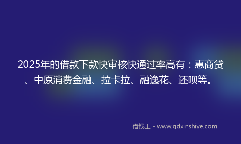 2025年的借款下款快审核快通过率高有：惠商贷、中原消费金融、拉卡拉、融逸花、还呗等。