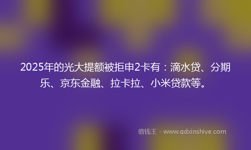 2025年的光大提额被拒申2卡有：滴水贷、分期乐、京东金融、拉卡拉、小米贷款等。