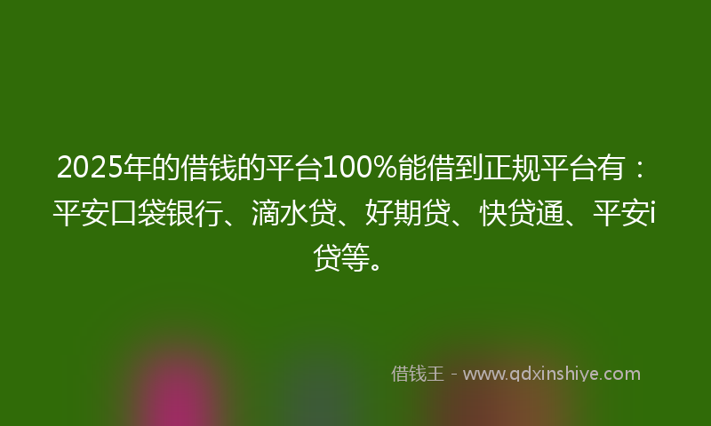 2025年的借钱的平台100%能借到正规平台有：平安口袋银行、滴水贷、好期贷、快贷通、平安i贷等。