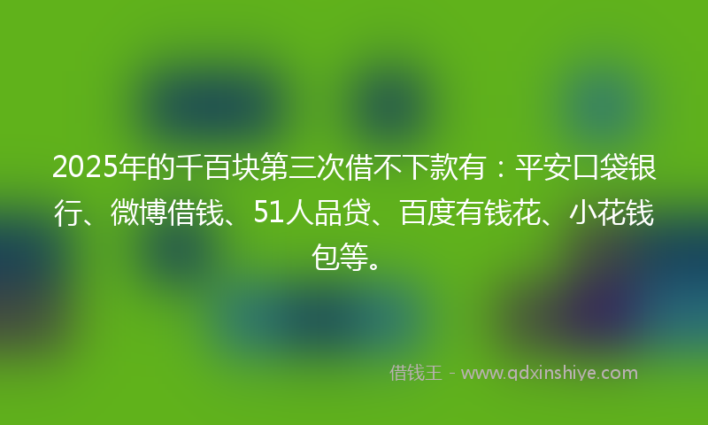 2025年的千百块第三次借不下款有：平安口袋银行、微博借钱、51人品贷、百度有钱花、小花钱包等。
