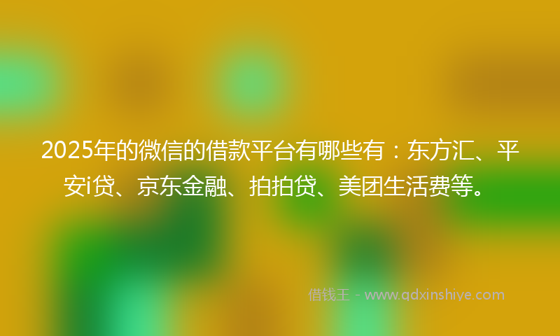 2025年的微信的借款平台有哪些有：东方汇、平安i贷、京东金融、拍拍贷、美团生活费等。