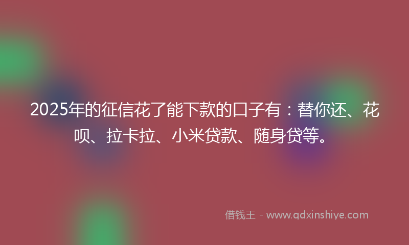 2025年的征信花了能下款的口子有：替你还、花呗、拉卡拉、小米贷款、随身贷等。