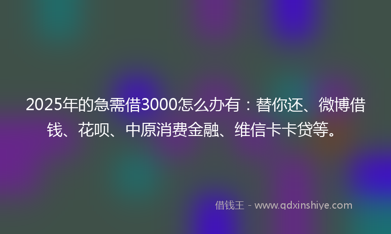 2025年的急需借3000怎么办有：替你还、微博借钱、花呗、中原消费金融、维信卡卡贷等。