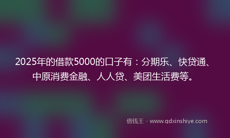 2025年的借款5000的口子有：分期乐、快贷通、中原消费金融、人人贷、美团生活费等。