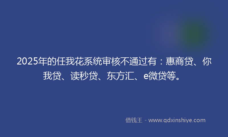 2025年的任我花系统审核不通过有：惠商贷、你我贷、读秒贷、东方汇、e微贷等。
