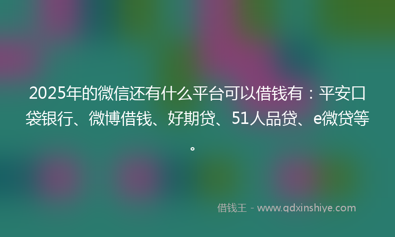 2025年的微信还有什么平台可以借钱有：平安口袋银行、微博借钱、好期贷、51人品贷、e微贷等。
