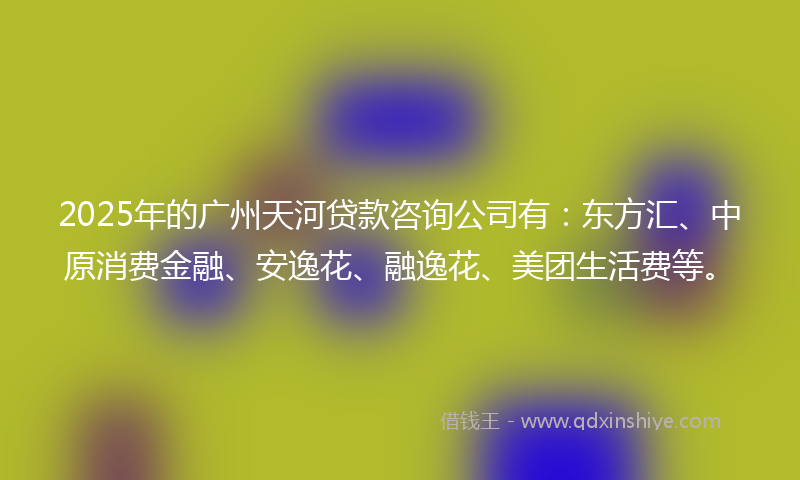 2025年的广州天河贷款咨询公司有：东方汇、中原消费金融、安逸花、融逸花、美团生活费等。