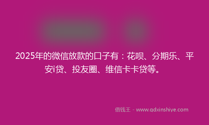2025年的微信放款的口子有：花呗、分期乐、平安i贷、投友圈、维信卡卡贷等。