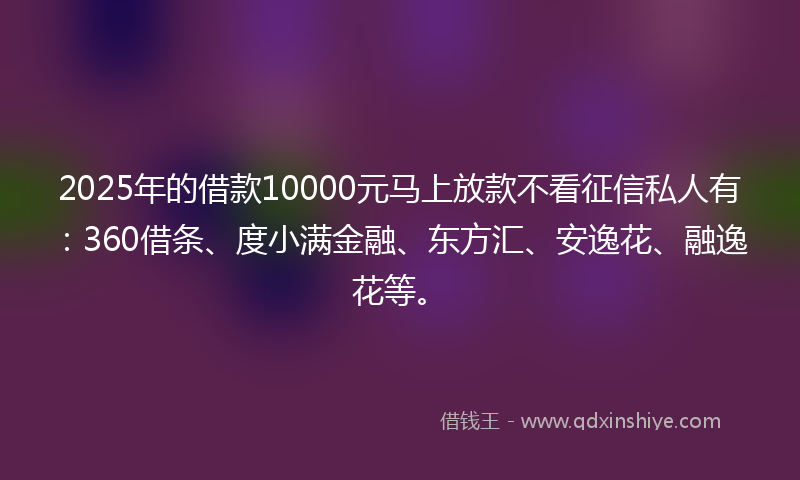 2025年的借款10000元马上放款不看征信私人有：360借条、度小满金融、东方汇、安逸花、融逸花等。