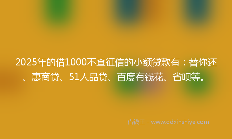 2025年的借1000不查征信的小额贷款有：替你还、惠商贷、51人品贷、百度有钱花、省呗等。