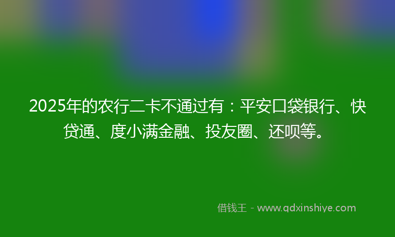 2025年的农行二卡不通过有：平安口袋银行、快贷通、度小满金融、投友圈、还呗等。