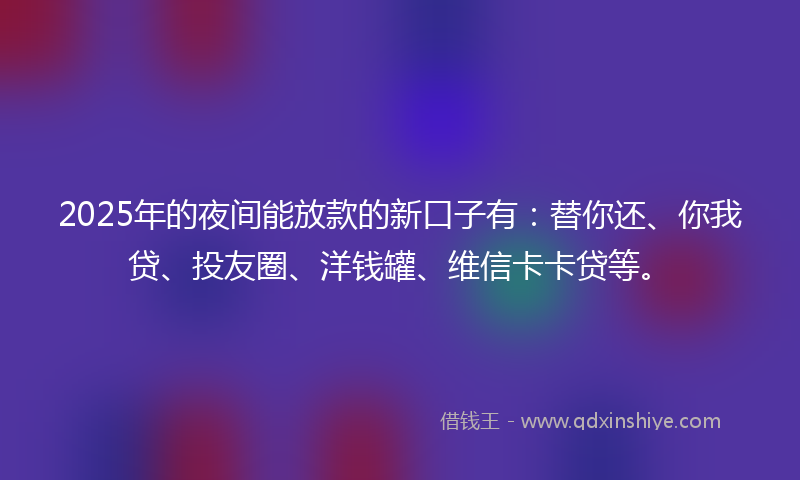 2025年的夜间能放款的新口子有：替你还、你我贷、投友圈、洋钱罐、维信卡卡贷等。