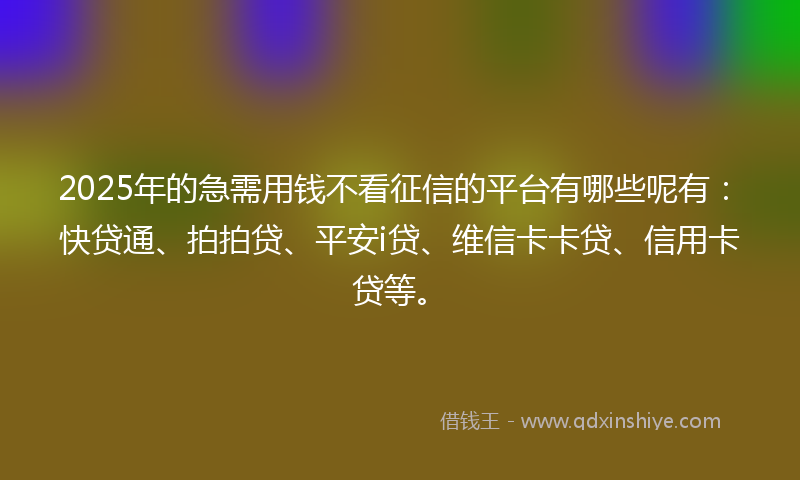 2025年的急需用钱不看征信的平台有哪些呢有：快贷通、拍拍贷、平安i贷、维信卡卡贷、信用卡贷等。