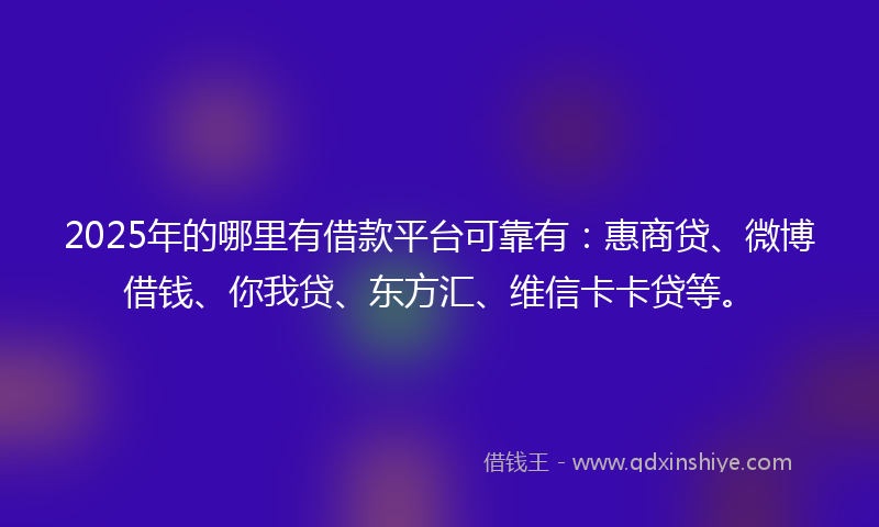 2025年的哪里有借款平台可靠有：惠商贷、微博借钱、你我贷、东方汇、维信卡卡贷等。