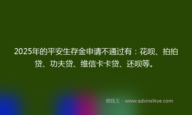 2025年的平安生存金申请不通过有：花呗、拍拍贷、功夫贷、维信卡卡贷、还呗等。