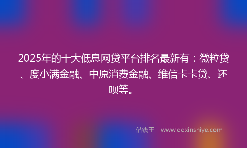 2025年的十大低息网贷平台排名最新有：微粒贷、度小满金融、中原消费金融、维信卡卡贷、还呗等。