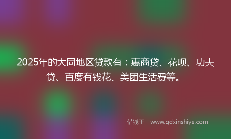 2025年的大同地区贷款有：惠商贷、花呗、功夫贷、百度有钱花、美团生活费等。