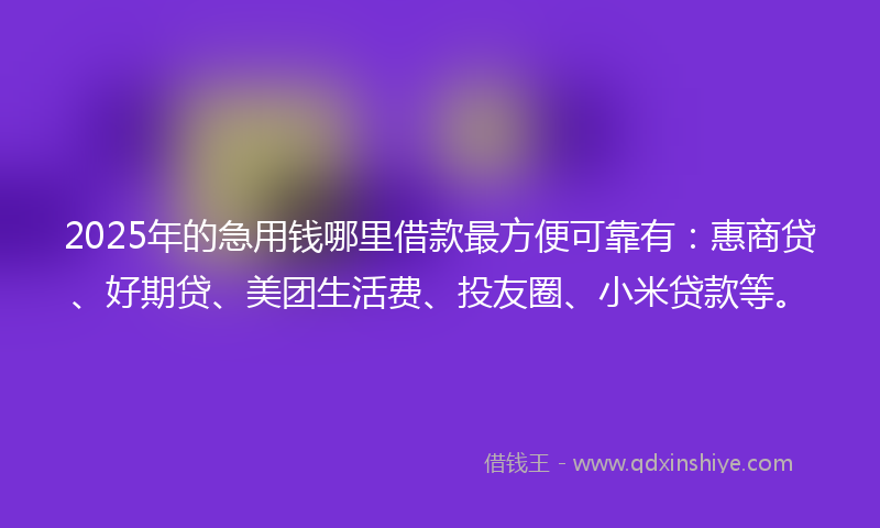 2025年的急用钱哪里借款最方便可靠有：惠商贷、好期贷、美团生活费、投友圈、小米贷款等。