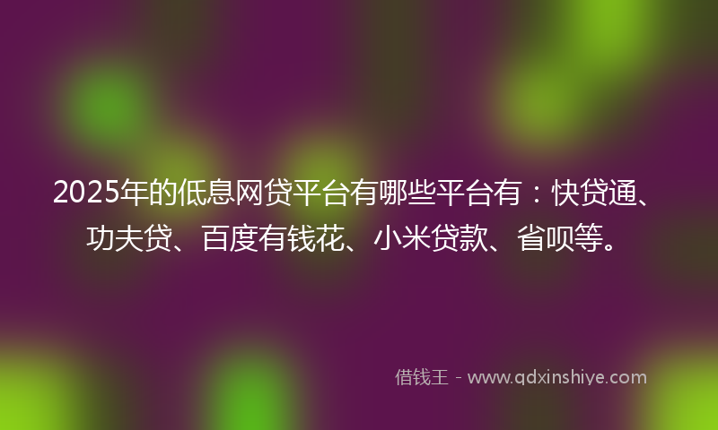 2025年的低息网贷平台有哪些平台有：快贷通、功夫贷、百度有钱花、小米贷款、省呗等。