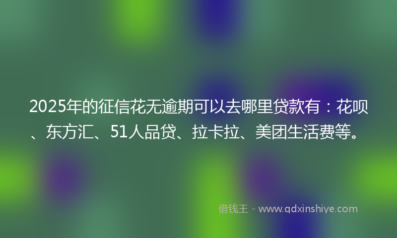 2025年的征信花无逾期可以去哪里贷款有：花呗、东方汇、51人品贷、拉卡拉、美团生活费等。